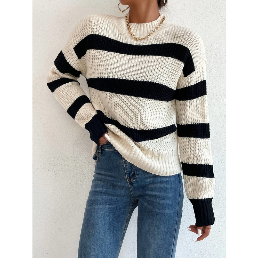 Striped preppy soft knit Sweater mock neck stand collar cream black stripe - Picture 3 of 7
